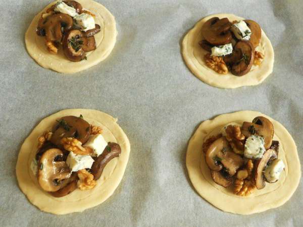 Смешать грецкие орехи, кусочки сыра с грибами и ложкой выложить начинку в середину каждого круга. Кистью смазать края взбитым яйцом. Смешать грецкие орехи, кусочки сыра с грибами и ложкой выложить начинку в середину каждого круга. Кистью смазать края взбитым яйцом.