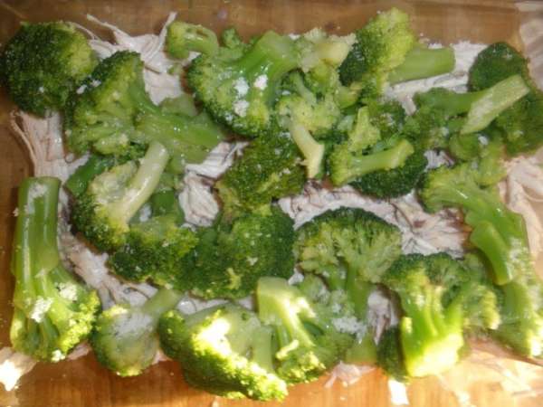 Отварное мясо порвать на кусочки и уложить в смазанную сливочным маслом форму. Брокколи залить кипятком и дать постоять 5 минут. Воду слить и выложить на курицу. Отварное мясо порвать на кусочки и уложить в смазанную сливочным маслом форму. Брокколи залить кипятком и дать постоять 5 минут. Воду слить и выложить на курицу.