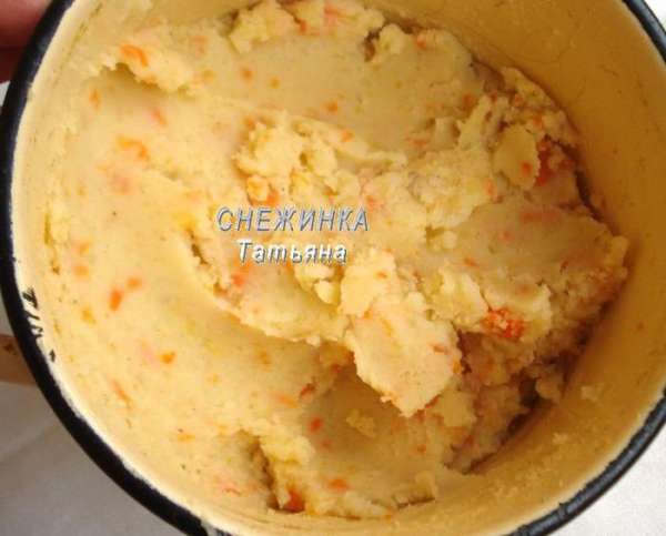 Из отварного картофеля и моркови сделать однородное пюре толкушкой или блендером. Добавить пряности, соль по вкусу, пропущенный через пресс чеснок. Добавить растительное масло и все хорошенько вымешать. Из отварного картофеля и моркови сделать однородное пюре толкушкой или блендером. Добавить пряности, соль по вкусу, пропущенный через пресс чеснок. Добавить растительное масло и все хорошенько вымешать.
