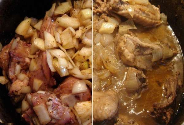 В толстостенную кастрюлю выложить лук и кусочки курицы, хорошо перемешать,накрыть плотно крышкой и поставить на медленный огонь(я ставлю на самую большую конфорку на самый маленький огонь). Если нет в арсенале такой кастрюли,то можно под обычную подставить рассеиватель. Яйца сварить и очистить. Через  50-60 минут курица с луком хорошо уварятся и будут покрыты собственным соком. 