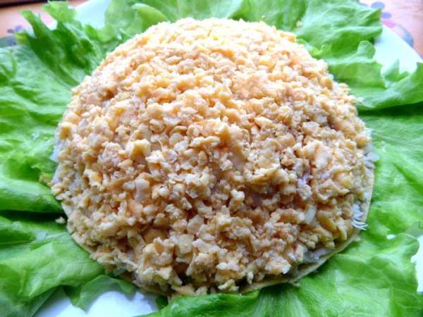 Сверху растрёпанный на кусочки омлет.