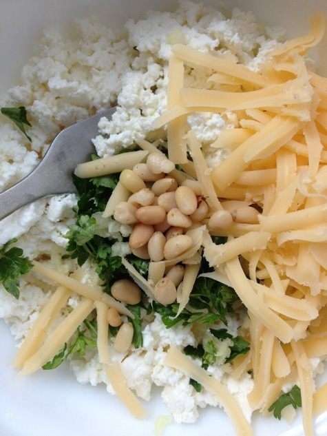 Для начинки смешаем творог, натертый сыр, давленый чеснок, специи по вкусу и кедровые орешки. Для начинки смешаем творог, натертый сыр, давленый чеснок, специи по вкусу и кедровые орешки.