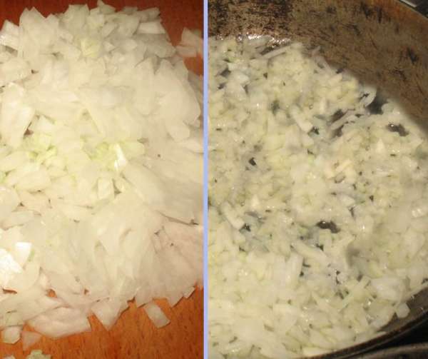 Порезать лук кубиками (можно полукольцами, на любителя). Обжарить лук на сливочном (1 ст.л.) и растительном масле до мягкости.