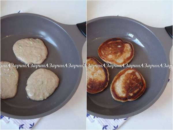 Жарим оладьи. Сковороду разогреть, добавить немного растительного масла. Выкладывая тесто ложкой, обжарить оладьи с двух сторон.