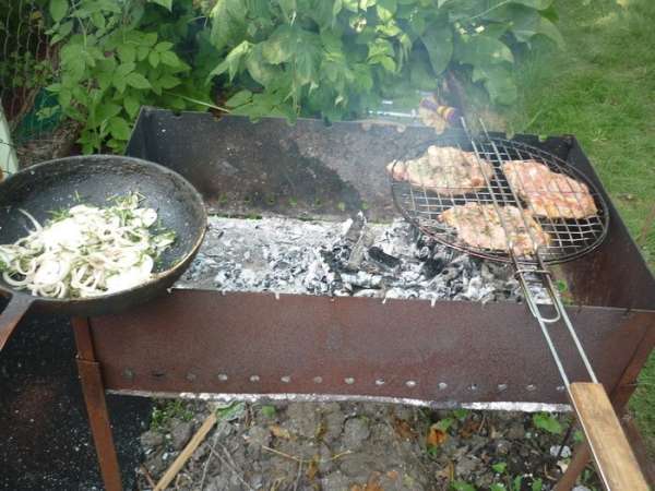 Решетку с мясом регулярно переворачиваем для равномерной прожарки. и когда мяско уже золотистое, на горячую сковороду высыпаем лук. он не должен жариться, а лишь немного прогреться, стать добрым и мягким
