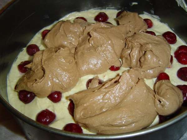 а на нее кладем темное тесто, и опять - треть вишни.