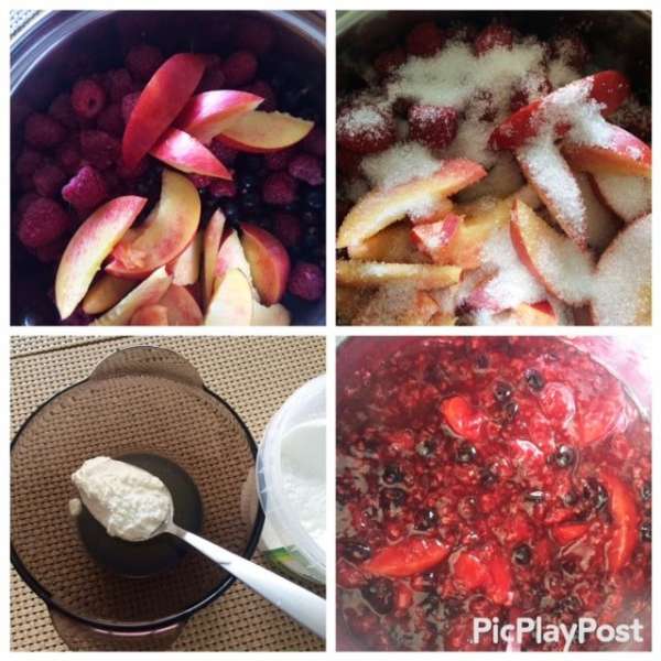 Ягоды используем по своему вкусу, либо какие есть в наличии.
У меня была малина, черная смородина и 2 персика.
Укладываем в сотейник ягоды и порезанные персики, пересыпаем сахаром, у меня буквально две ложки. Оставляем минут на 15, ягоды пустят немного сока.
Ставим сотейник на огонь, провариваем ягоды. Крахмал разводим в соке, и заливаем ягоды. Помешиваем, доводим до кипения, снимаем с огня и остужаем.
Ягоды используем по своему вкусу, либо какие есть в наличии.
У меня была малина, черная смородина и 2 персика.
Укладываем в сотейник ягоды и порезанные персики, пересыпаем сахаром, у меня буквально две ложки. Оставляем минут на 15, ягоды пустят немного сока.
Ставим сотейник на огонь, провариваем ягоды. Крахмал разводим в соке, и заливаем ягоды. Помешиваем, доводим до кипения, снимаем с огня и остужаем.