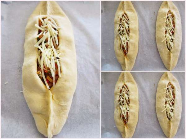 Сверху посыпать сыром. Аккуратно завернуть края и залепить концы. Получаются вот такие лодочки. Первые у меня получились более узкой формы, а последние более широкой. Сверху посыпать сыром. Аккуратно завернуть края и залепить концы. Получаются вот такие лодочки. Первые у меня получились более узкой формы, а последние более широкой.