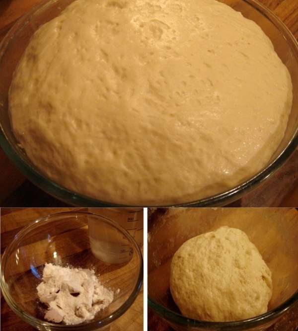 Дрожжи, смешанные с сахаром и 1 ч.л. муки, растворить в тёплой воде и убрать в тёплое место (я прогреваю микроволновку паром, а потом ставлю туда тесто на расстойку). Просеять муку с солью в большую миску, добавить пенящиеся дрожжи и замесить мягкое тесто. В миску добавить масло и  вымесить тесто ещё раз. Затянуть миску пищевой плёнкой и убрать в теплое на час. Через 30 минут обмять тесто.