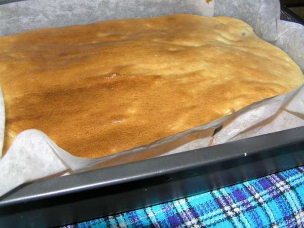  Бумагу для выпечки смазать маслом, уложить в форму, вылить туда творожное тесто и поставить в духовку разогретую до 180гр. на 50 минут. Духовку не открывать.  