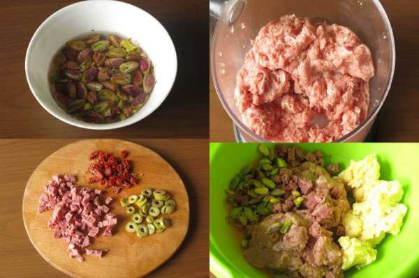 Заливаем кипятком фисташки. Нарезаем томаты, оливки, мясное. Измельчаем телятину и свинину. Условие — все должно быть охлажденное. Смешиваем фарш, фисташки, мясное и охлажденный загуститель, специи — соль, перец, пажитник. Операции предпочтительнее проводить на миске со льдом или холодной водой.