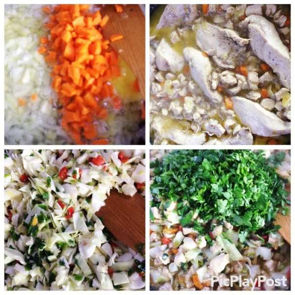 Для начинки тушим нарезанное кубиком мясо с луком, морковью, солим, перчим по вкусу. В другой посуде тушим капусту с зеленым луком и болгарским перцем, солим, перчим по вкусу, добавляем рубленую зелень. Смешиваем мясо тушеное с капустой, я еще добавила грибы (остались от салата). Откинула начинку на дуршлаг, дала стечь всей жидкости. Остужаем.