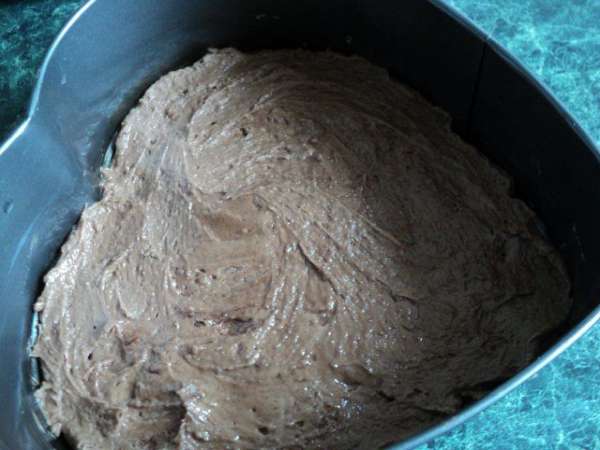 Размягченное масло растереть с сахаром и желтками добела. Добавить просеянную муку, смешанную с какао и разрыхлителем.Дно разъемной формы застелить бумагой для выпечки, смазать маслом. Равномерно выложить тесто. Размягченное масло растереть с сахаром и желтками добела. Добавить просеянную муку, смешанную с какао и разрыхлителем.Дно разъемной формы застелить бумагой для выпечки, смазать маслом. Равномерно выложить тесто.