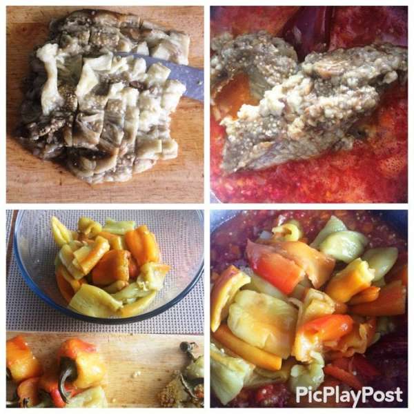 Измельчаем печеные баклажаны и отправляем к подливе. Солим, перчим по вкусу. Если подлива кисловата, добавляем немного сахара, чтобы смягчить вкус. Пока подлива уваривается, очищаем перцы от семян и нарезаем, я делила печеный перец на 4 части (люблю, когда перец крупными кусочками). Отправляем нарезанный перец к подливе и очень аккуратно деревянной ложкой перемешиваем, чтобы перец остался по возможности целым. Измельчаем печеные баклажаны и отправляем к подливе. Солим, перчим по вкусу. Если подлива кисловата, добавляем немного сахара, чтобы смягчить вкус. Пока подлива уваривается, очищаем перцы от семян и нарезаем, я делила печеный перец на 4 части (люблю, когда перец крупными кусочками). Отправляем нарезанный перец к подливе и очень аккуратно деревянной ложкой перемешиваем, чтобы перец остался по возможности целым.