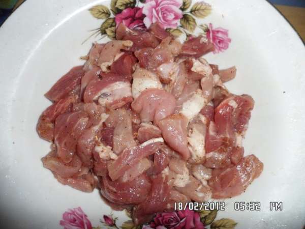 Мясо моем и режем на небольшие кусочки. Натираем приправой.