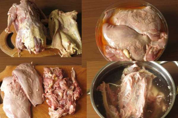 Получаем шкурку и остов с мясом. Срезаем грудку и бедра, подчищаем мясо с мелких косточек. Вымачиваем грудку и крупные части мяса в коньяке, количество напитка зависит от объема посуды. Варим бульон на костях, это займет часа два.