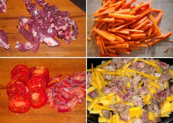 Мясо и тыкву нарезаем соломкой, лук мелко рубим ножом. На растительном масле обжариваем лук, затем добавляем мясо, приправим солью и смесью перцев, томим 5-7 минут на слабом огне до готовности мяса. Затем увеличиваем огонь и добавляем тыкву, немного обжариваем, но не даем подгореть. Охладить начинку.