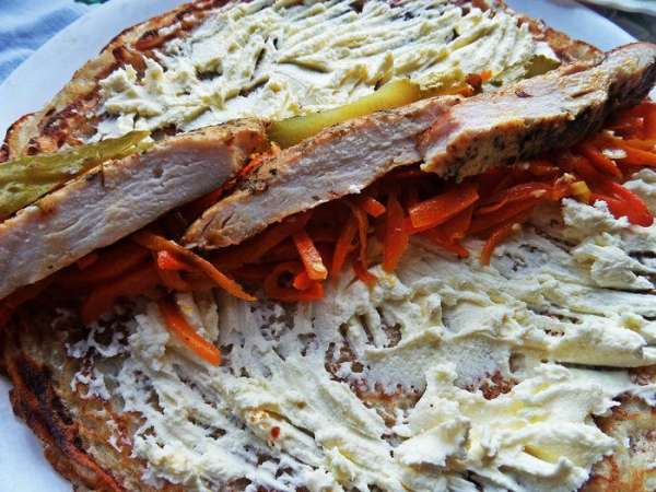 Сверху ломтики готовой курицы/индейки. Одного филе хватает на 5 блинов.