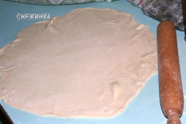 Раскатываем тесто на присыпанной мукой поверхности не слишком тонко, форма не принципиальна.