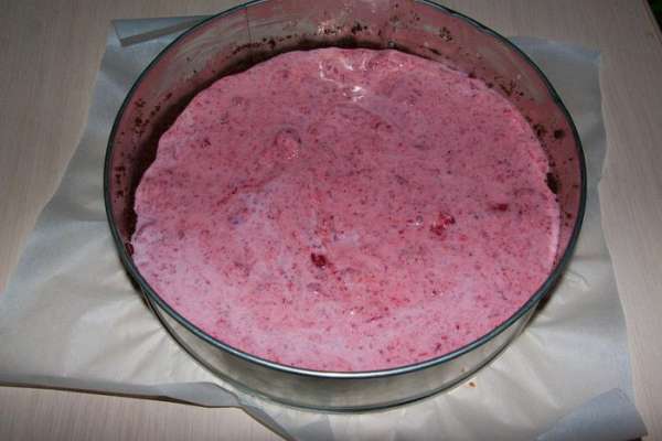 Часть клубники измельчить и смешать со сметаной, сахаром и приготовленным желатином. Затем вылить на печенье. Часть клубники измельчить и смешать со сметаной, сахаром и приготовленным желатином. Затем вылить на печенье.