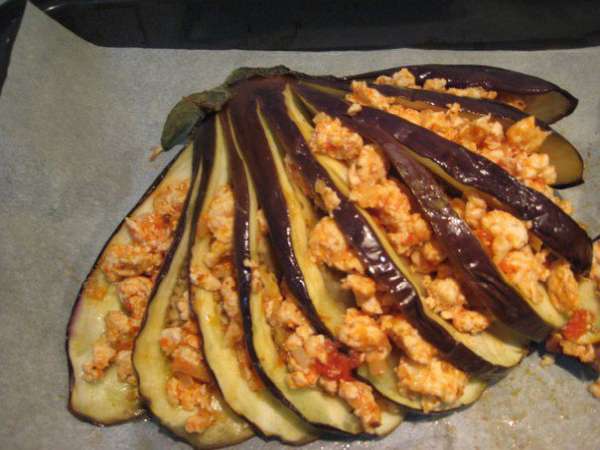 В каждый слой баклажана положить куриное рагу.