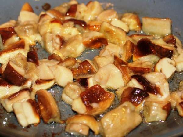 Грибы нарезать небольшими кусочками и слегка обжарить на оливковом масле.