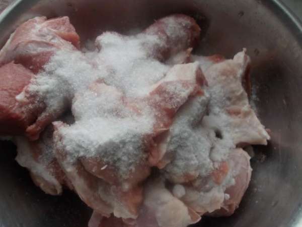 Посолить и тщательно втереть соль в мясо. Посолить и тщательно втереть соль в мясо.