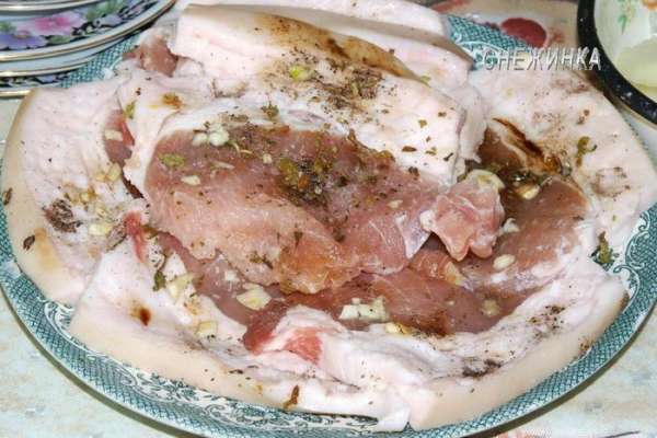 Мясо, если целиком, разрезаем на 8 порций. Посыпаем сухими травами, солью, перцем, добавляем соевый соус и выдавливаем чеснок. Смазываем каждый кусочек. Оставляем.