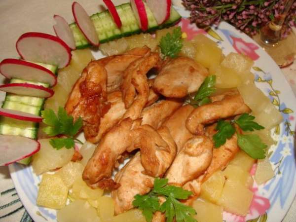 Готовое мясо выложить на листья салата. У меня их не было, поэтому я выложила на тарелку. Украсить консервированными ананасами, зеленью. Готовое мясо выложить на листья салата. У меня их не было, поэтому я выложила на тарелку. Украсить консервированными ананасами, зеленью.