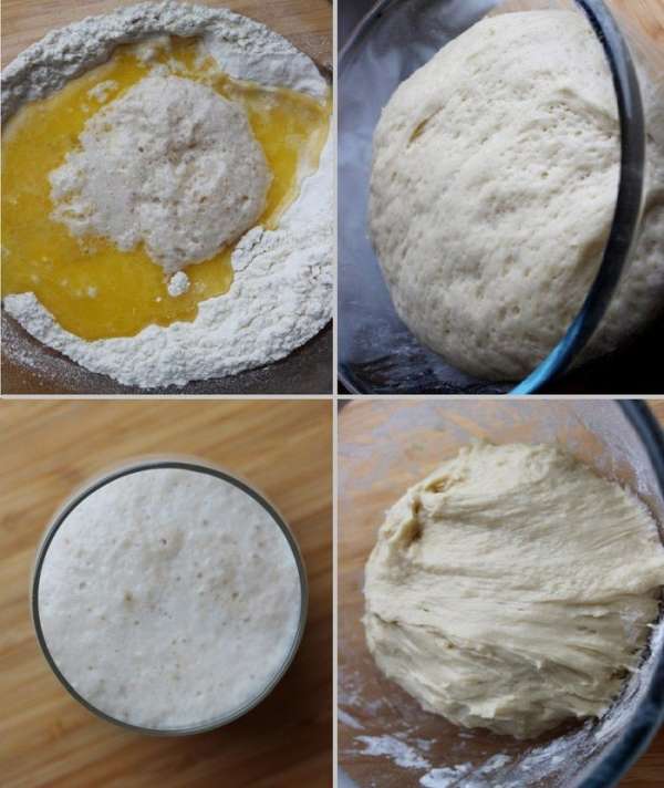 При помощи миксера взбить сливочное масло с сахаром добела. Не прекращая взбивания влить в масло кипяток, кокосовое молоко и желток. В отдельной миске смешать муку с солью и дрожжами. Соединить обе смеси и замесить мягкое, липкое тесто. Уложить тесто в миску, накрыть миску полотенцем или затянуть пищевой плёнкой и убрать в тёплое место на 45-60 минут.
