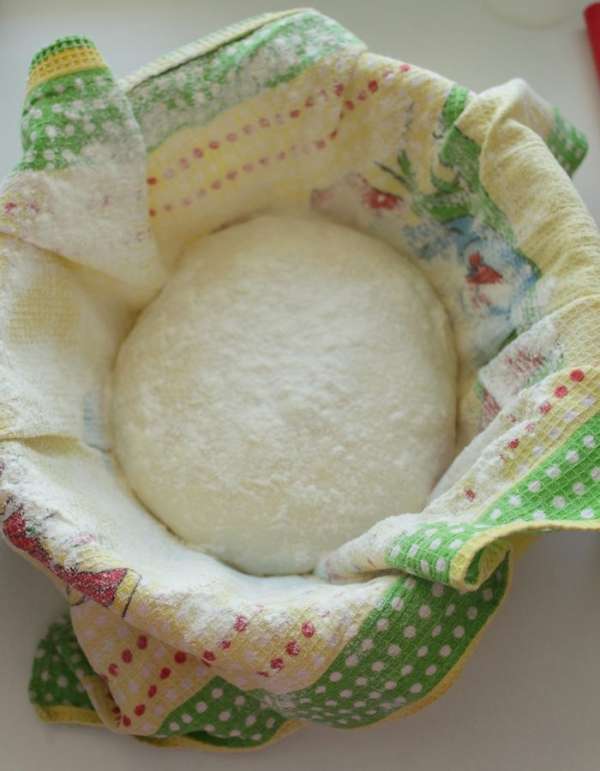 Обильно посыпать мукой чистое полотенце и выложить на него тесто. Посыпать мукой , покрыть сверху  плёнкой и оставить ещё часа на 3.