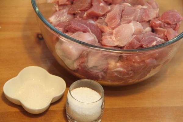 Мясо, оба вида, перемешать и добавить соль и сахар. Мясо, оба вида, перемешать и добавить соль и сахар.
