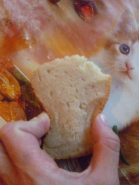 Но такой же мягкий...
Простите, не доглядела и верхушка со всего хлеба была тайно съедена...
Вот такой мы любим хлебушек...
А дрожжевой мы не едим давно. У всей семьи, особенно у меня, после дрожжевого хлеба изжога. Вот так.
А этот хлеб несложен, главное сначала вырастить закваску( которая растет сама, вы только присматриваете за ней). А потом уже закваску утром покормили, в тепло поставили, подросла- ставите тесто... Ничего сложного нет. Главное в выпечке любого хлеба- это ваше настроение и душевное состояние. Если вы в плохом настроении, расстроены чем-то или плохо себя чувствуете, то и закваска плохо растет, и хлеб плохо поднимается...
Поэтому настраиваемся на позитив и печем настоящий, живой, домашний хлебушек!
 Бог вам в помощь.