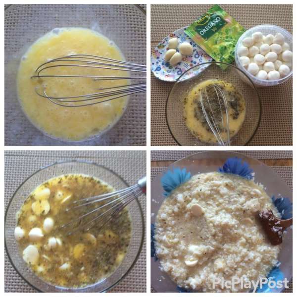В миске взбиваем яйца, солим перчим по вкусу, добавляем измельченный чеснок, сушенный орегано, тщательно взбиваем. В конце добавляем сыр моцарелла, чуть больше половины, остальную часть оставляем и добавим в самом конце выпечки. 
