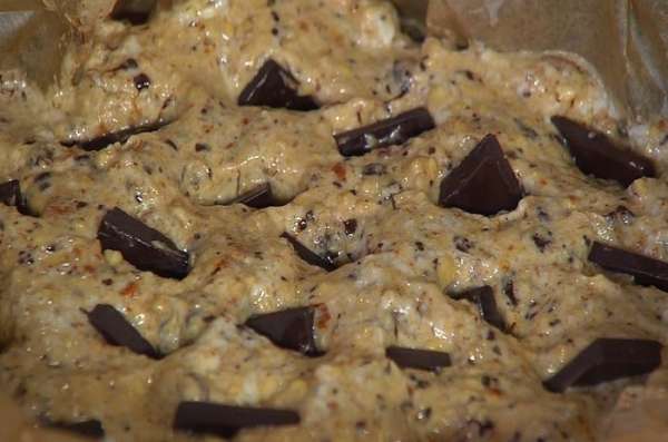 Оставшийся шоколад поломать небольшими кусочками и воткнуть поглубже в тесто. Оставшийся шоколад поломать небольшими кусочками и воткнуть поглубже в тесто.