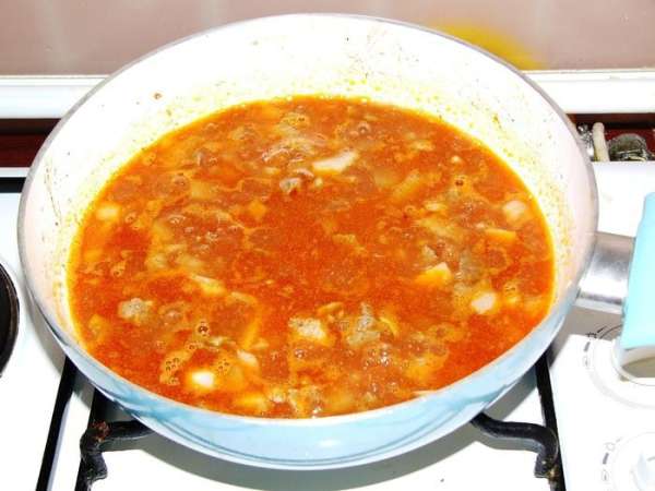Заливаем все это кипятком и тушим под крышкой до мягкости мяса. Это может занять от 30 минут до полутора часов. Не забудем про лавровый листик, душистый и другие перцы в горошке. 