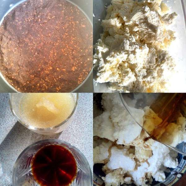 Печенье (у меня с шоколадом и кусочками арахиса) и масло смешать в кухонном комбайне или блендере. Полученная масса должна быть как влажный песок.
Выложить ее в форму диаметром 20 см и утрамбовать с помощью стакана или руками. Охлаждать 30 минут в холодильнике.
Творог перемолоть 3 раза и перетереть через сито.
Желатин залить водой, дать постоять 10 минут для набухания. Подогреть на плите или в микроволновке до полного растворения (не кипятить) и остудить.
Приготовить крепкий эспрессо, добавить виски, перемешать (в автора — 50 мл шоколадного ликера). С виски и кофе творожная масса напоминает тирамису.
Творог, сахарную пудру и виски-кофе тщательно перемешать до получения однородной массы.