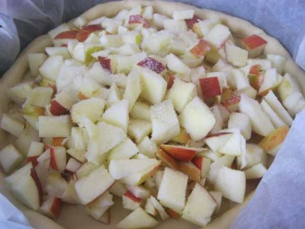 Выложить яблоки на тесто.
Присыпать сахаром ( по вкусу).
По желанию - можно  добавить немного молотой корицы.