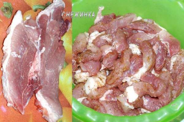Мясо моем, нарезаем небольшими брусочками (полосками). Добавляем пряности, солим, перчим. Перемешиваем. Оставляем. Мясо моем, нарезаем небольшими брусочками (полосками). Добавляем пряности, солим, перчим. Перемешиваем. Оставляем.