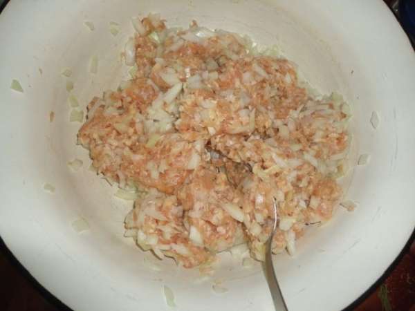 Фарш смешать с мелко нарезанным луком.
