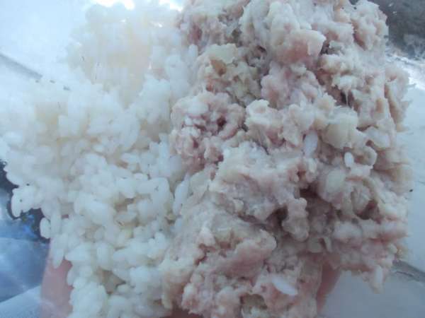 Куриный фарш(у меня было мясо с бедрышек) перемешать, с предварительно сваренным до полу готовности рисом.