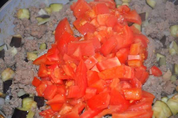 Добавьте к мясу томатную пасту, помидоры, душицу, корицу, посолите и поперчите, тушите до загустения.