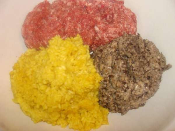 Рис отварить до полуготовности с доблением куркумы и соли. Смешать мясной фарш, рис и грибы. Добавить яйцо и еще перец молотый,если надо. Рис отварить до полуготовности с доблением куркумы и соли. Смешать мясной фарш, рис и грибы. Добавить яйцо и еще перец молотый,если надо.