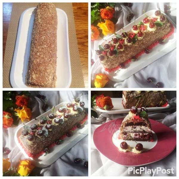 Торт я обсыпала крошкой обычных шоколадных вафель. Можно рубленным орехом, тертым шоколадом или крошкой печенья. Отправить торт на пропитку в холодильник минимум на 3 часа (у меня ночь).
Достаем торт, украшаем по своему вкусу и желанию, зовем домочадцев на чай с тортиком.
Вкусно! Приятного аппетита!!!