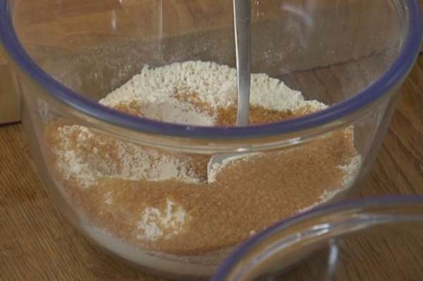 Муку перемешать с сахаром, изюмом, содой, имбирем, куркумой, корицей и солью. Муку перемешать с сахаром, изюмом, содой, имбирем, куркумой, корицей и солью.