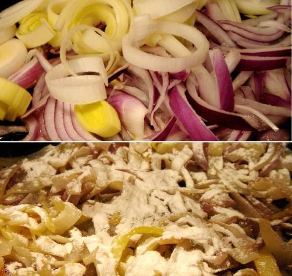 Головки лука порезать полукольцами,порей-кольцами и потушить на оставшемся от мяса масле. Добавить муки,размешать и влить сливки. Посолить и поперчить,сдобрить мускатным орехом. Довести сливки до кипения и немного загустить соус.