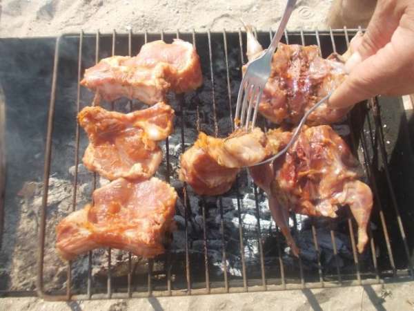 Готовить мясо по рецепту,но очень советую это делать на костре,чтобы мясо впитало в себя ароматы костра и дыма.